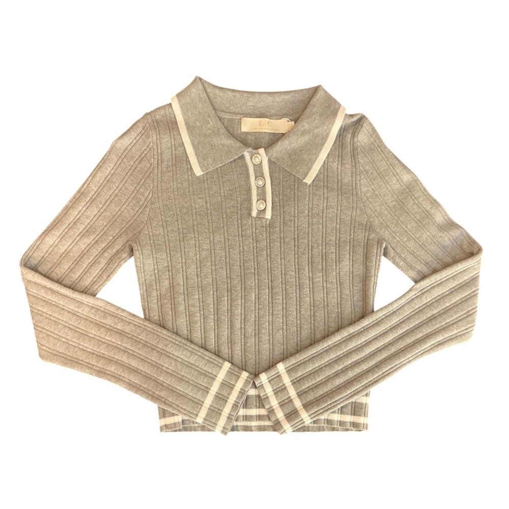 Lizette Collection Grey Ribbed Polo Sweater Pearl Button Long Sleeve LC5183LS M